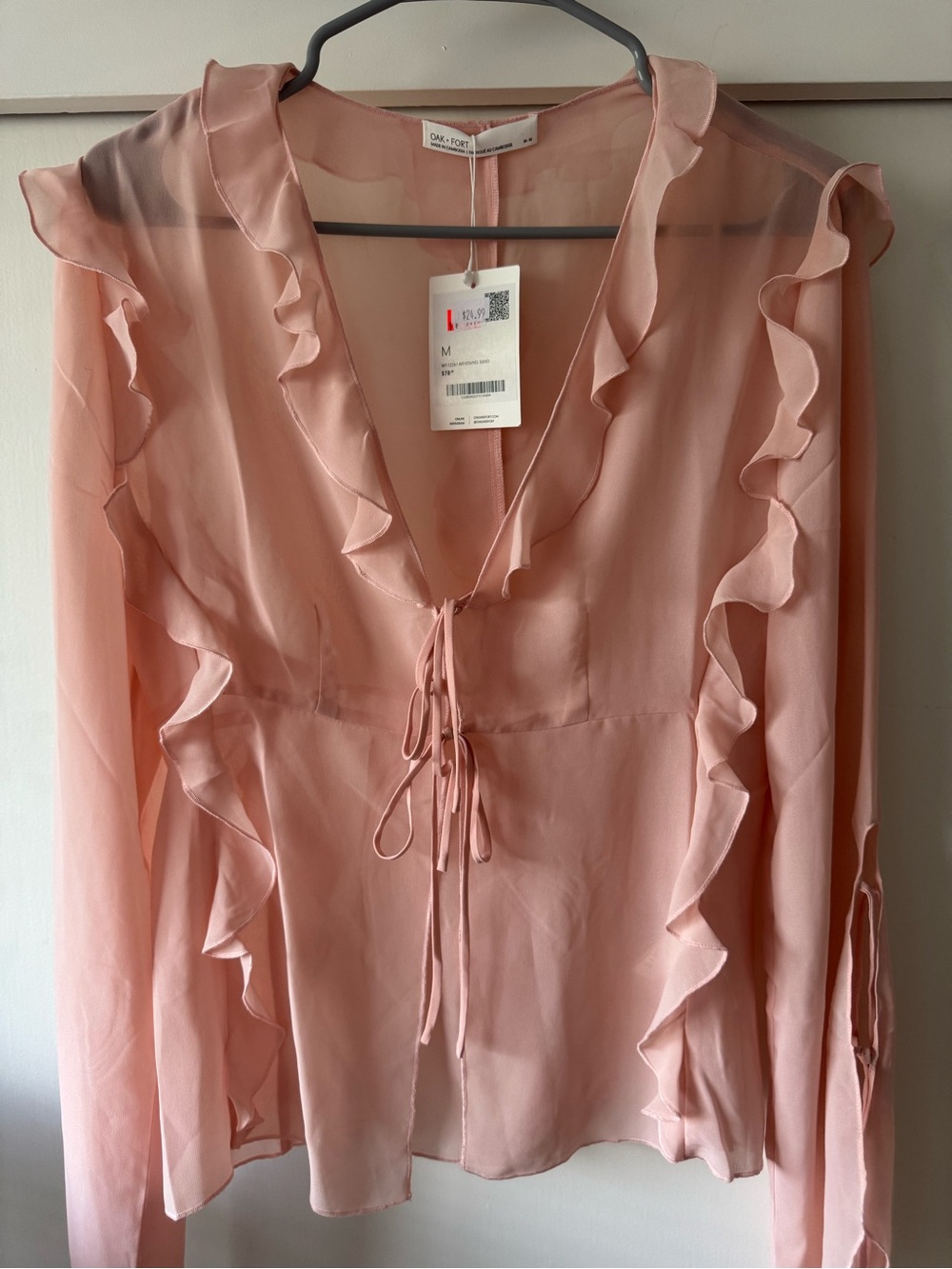 Oak + Fort Wilfred Ruffle Tie-Front Blouse - Dusty Pink
